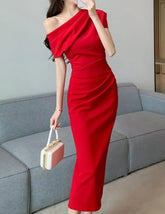 BXOXO Elegant Off Shoulder Evening Party Dresses Women Summer Fashion Slim One Piece Solid Vestidos Korean Graduation Robe Clothing